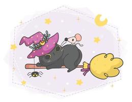 linda negro bruja gato en Víspera de Todos los Santos volador palo de escoba con araña y rata, animal plano dibujos animados mano dibujo garabatear vector
