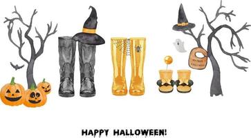 Halloween family print concept with watercolor wellies boots for three. Black and orange rain boots collection. Rubber boots Halloween concept. Decoration family card on white background. vector