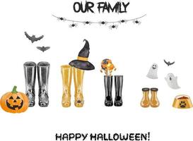 Halloween family print concept with watercolor wellies boots for four. Black and orange rain boots collection. Rubber boots Halloween concept. Decoration family card on white background. vector