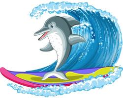 Dolphin cartoon character surfing wave vector