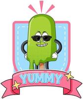 Ice cream cartoon character with yummy badge vector