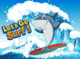 Cute shark cartoon character surfing ocean scene vector