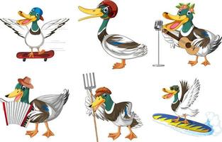 Set of different ducks cartoon character vector