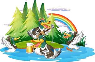 Happy duck group in nature scene vector
