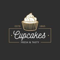 Vintage style bakery shop simple label, badge, emblem, logo template. Graphic food art with engraved cupcake design vector element with typography. Linear organic pastry on black background.