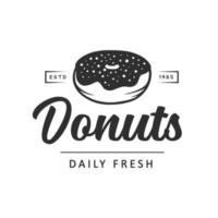 Vintage style bakery shop simple label, badge, emblem, logo template. Graphic food art with engraved doughnut design vector element with typography. Linear organic donut on white background.