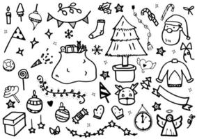 vector set of Christmas drawn doodles in black line on a white background