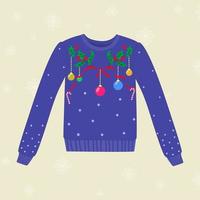 Navidad mano dibujado feo suéter con Navidad decoraciones vector