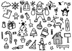 vector set of Christmas drawn doodles in black line on a white background