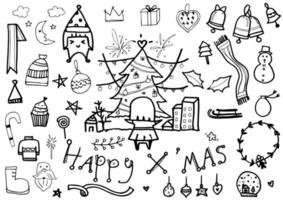 vector set of Christmas drawn doodles in black line on a white background