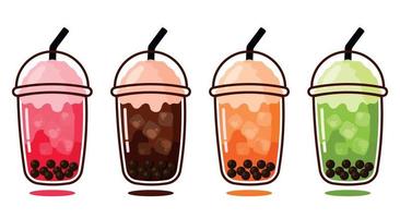 Animated Iced Bubble Tea in Strawberry, Green Tea, Chocolate, Thai Tea Flavor Set Collection with Ice Cube in Cute Cartoon Vector Illustration