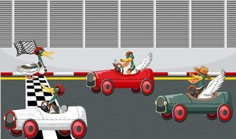 Soap box derby race with ducks cartoon character vector