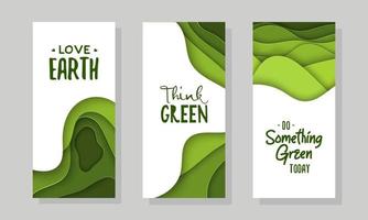 Set of 3 Earth Day abstract graphic organic paper cut. Dynamical waves, fluid shapes. Green banners with flowing lines. Template for the design for flyer, stories or presentation eco typography. vector