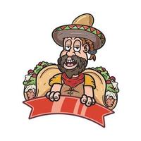 Cartoon Mascot of Bearded Boy Mexican Food and Taco. vector