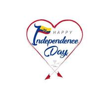 happy independence day of Ecuador. Airplane draws cloud from heart. National flag vector illustration on white background.