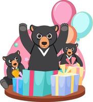 Two cute black bear with gift boxes and balloons vector