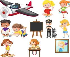 Set of different cute kids and objects vector