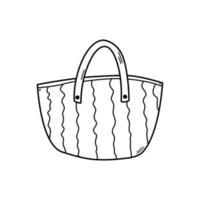 Hand drawn monochrome beach bag doodle style, vector illustration isolated on white background. Black outline accessory for storage, handy fashionable bag, contour