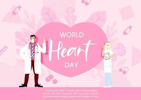 Doctor character on a giant pink heart with World Heart Day lettering and example texts on medical objects and decorated plant background. All in flat and pink color style. vector