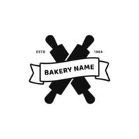 Pastry bakery store logo icon with rolling pin and banner ribbon vector