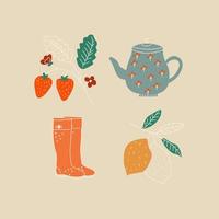 Autumn set kettle, lemon, rubber boots. Hygge. Vector in cartoon style. All elements are isolated