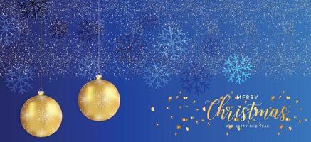 Festive Christmas Blue Background with Golden Christmas Decorations and Golden Glitters. Vector Illustration.