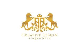 initial RB Retro golden crest with shield and two horses, badge template with scrolls and royal crown - perfect for luxurious branding projects vector