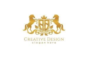 initial RB Retro golden crest with shield and two horses, badge template with scrolls and royal crown - perfect for luxurious branding projects vector