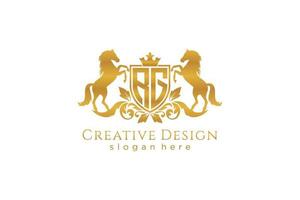 initial RG Retro golden crest with shield and two horses, badge template with scrolls and royal crown - perfect for luxurious branding projects vector