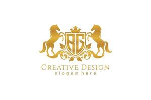 initial RG Retro golden crest with shield and two horses, badge template with scrolls and royal crown - perfect for luxurious branding projects vector