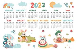 calendario 2023. planificador horizontal con lindo conejito en diferentes estaciones. conejo de personaje de dibujos animados como símbolo de año nuevo. la semana comienza el lunes. ilustración plana vectorial vector