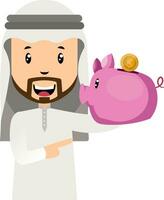 Arab with piggy bank, illustration, vector on white background.