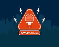 Blackout icon. Power outage web banner has a warning sign with a lightning, bulb lamp symbol, safety tapes, and a night city without electricity. vector