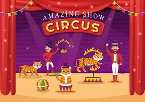 plantilla de circo dibujada a mano ilustración plana de dibujos animados con espectáculo de gimnasta, mago, león animal, anfitrión, animador, payasos y parque de atracciones vector