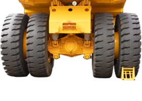 camión volquete minero, amarillo, vista trasera. fondo blanco aislado. fondo transparente. png. png