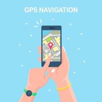 teléfono inteligente con aplicación de navegación gps, seguimiento. teléfono móvil con aplicación de mapas vector