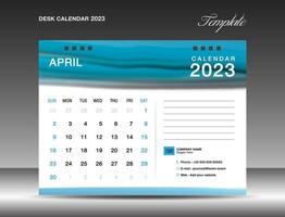 Desk calender 2023 - April 2023 template, Calendar 2023 design template, planner, simple, Wall calendar design, week starts on sunday, printing, advertiement, Blue watercolor background, vector