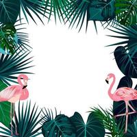 Vector tropical jungle frame with flamingo, palm trees, flowers and leaves on white background