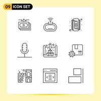 Pack of 9 Modern Outlines Signs and Symbols for Web Print Media such as record mic signal broadcast ram Editable Vector Design Elements