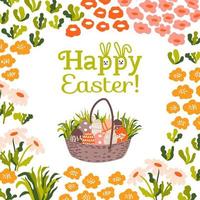 Happy Easter. Basket full of Easter eggs and green grass. Vector illustration. Greeting card. Abstract flowers, chamomiles, herbs.