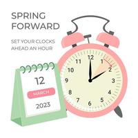 Daylight saving time concept banner. Spring forward time. Allarm clock and calendar. vector