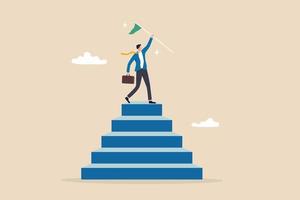 Step to success, staircase to achievement or reach winner target, progress or improvement, career success or business journey concept, successful businessman hold winning flag on top of step stair. vector