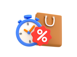 3d minimal Besondere Rabatt Angebot Symbol. Blitz Verkauf. Besondere groß Verkauf Angebot. Stoppuhr mit ein Einkaufen Tasche und Prozent Schild. 3d Illustration. png