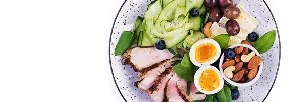 Ketogenic diet. Keto brunch. Boiled egg, pork steak and olives, cucumber, spinach, brie cheese, nuts and blueberry. Banner. Top view photo