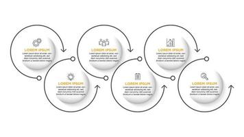 Business 6 step process chart infographics with step circles. Simple infographic design template. Flat vector illustration for presentation, report.