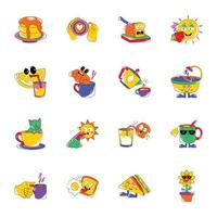 Set of 16 Flat Morning Breakfast Stickers vector