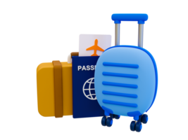 3d minimal Holiday travel trip. preparation for a summer vacation trip. Luggage with a passport, airplane ticket, luggage, and airplane. 3d illustration. png