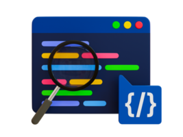 3d minimal coding icon. coding screen. web development concept. browser with a programming source code and magnifying glass. 3d illustration. png