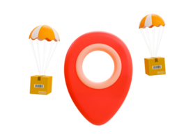 3d minimal products delivery. Parcels transportation. Goods distribution. Cargos preparation for sending. Gigantic location icon with parachute with cargo falling from sky. 3d rendering illustration. png