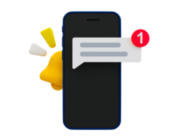 Notificação mínima 3D de mensagens não lidas. notificação de mensagem de bate-papo de mídia social. smartphone com um ícone de sino e um ícone de mensagem de bate-papo. ilustração 3D. png